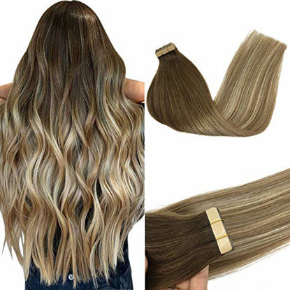 Picture of GOO GOO 20 Inch Brown to Blonde Tape in Hair Extensions Human Hair Balayage Walnut Brown to Ash Brown and Bleach Blonde Remy Human Hair Extensions 20pcs 50g Straight Tape in Hair Extensions