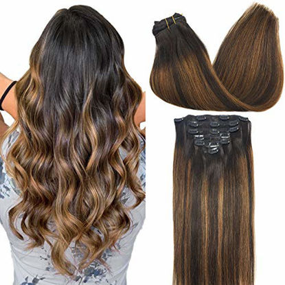 Picture of GOO GOO Remy Hair Extensions Clip in Human Hair Ombre Dark Brown to Chestnut Brown 14 Inch 120g 7pcs Straight Real Hair Extensions Natural Hair