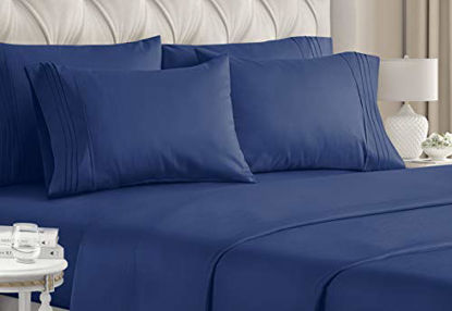Picture of California King Size Sheet Set - 6 Piece Set - Hotel Luxury Bed Sheets - Extra Soft - Deep Pockets - Easy Fit - Breathable & Cooling - Wrinkle Free - Navy Blue Bed Sheets - Cali Kings Sheets - Royal