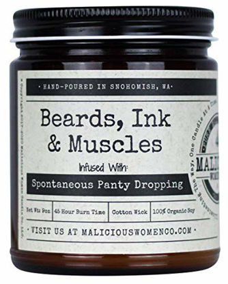 Picture of Malicious Women Candle Co - Beards, Ink & Muscles, Take A Hike (Wildflower, Cedar, Moss) Infused with Spontaneous Panty Dropping, All-Natural Organic Soy Candle, 9 oz