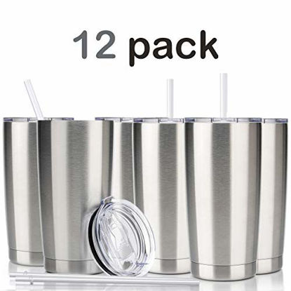 Picture of Civago 20oz Insulated Stainless Steel Tumbler, Coffee Tumbler with Lid and Straw, Double Wall Vacuum Travel Coffee Mug, Powder Coated Tumbler Cup (Stainless, 12 Pack)