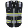 Picture of JKSafety 9 Pockets High Visibility Zipper Front Safety Vest Black with Dual Tone High Reflective Strips Meets ANSI/ISEA Standards (Black Yellow Strips, Large)