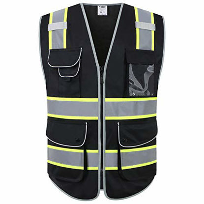 Picture of JKSafety 9 Pockets High Visibility Zipper Front Safety Vest Black with Dual Tone High Reflective Strips Meets ANSI/ISEA Standards (Black Yellow Strips, Large)