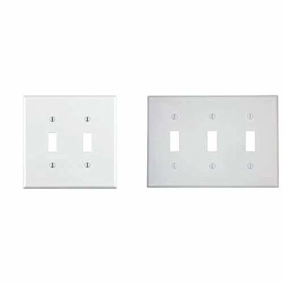 Picture of Leviton 80709-W 2-Toggle Standard Size Wall Plate, 2 Gang, 4.5 In L X 4.56 In W 0.22 In T, Smooth, 1-pack, White and Leviton 80711-W 3-Gang Toggle Device Switch Wallplate, White