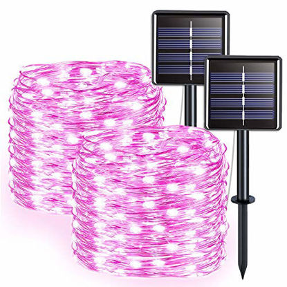 Picture of JMEXSUSS 100 LED Pink Solar Fairy Lights, 2 Pack Solar String Lights Outdoor Waterproof, 8 Modes Solar Christmas Lights, 33ft Silver Wire Fairy Lights