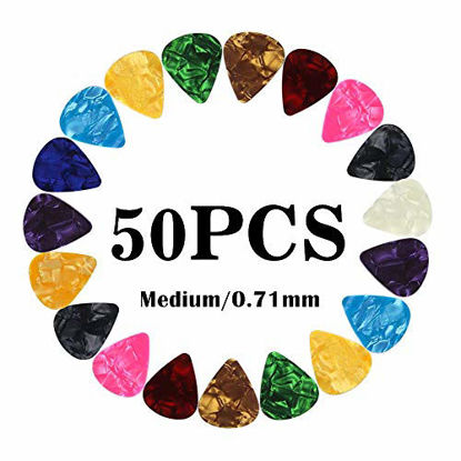 Picture of Guitar Picks Medium Gauge Assorted Pearl Variety Sampler Pack Celluloid - 50 Pcs Mixed Colorful - Plectrums for Gift Acoustic Guitar, Bass and Electric Guitar - 0.71mm
