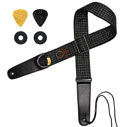 Picture of Guitar Strap, IHOBOR Classical Lattice Cotton Acoustic Electric Bass Guitar Strap with Premium Leather End, Vintage Classical Pattern Design Included Strap Locks & Strap Picks