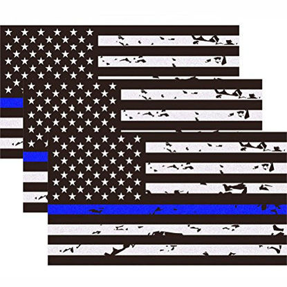 Picture of 3 Pack Reflective New Tattered Thin Blue Line US Flag Decal Stickers | Compatible with Cars & Trucks, 5" x 2.7" American USA Flag Decal Sticker Honoring Police Law Enforcement Vinyl Window Bumper Tape