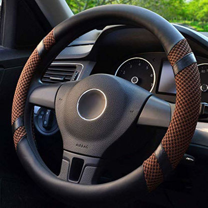 Picture of Steering Wheel Cover, Microfiber Leather and Viscose, Breathable, Anti-Slip, Odorless, Warm in Winter and Cool in Summer, Universal 15 Inches (Brown)