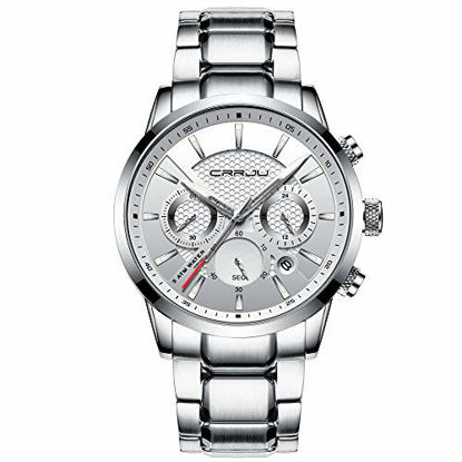 Picture of CRRJU Watches for Men,Chronograph Elegant Business Date Analog Quartz Watches with Stainless Steel Band Sliver White