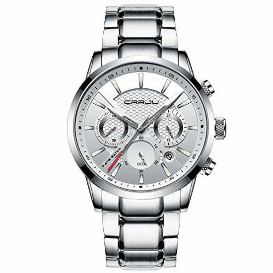 Picture of CRRJU Watches for Men,Chronograph Elegant Business Date Analog Quartz Watches with Stainless Steel Band Sliver White