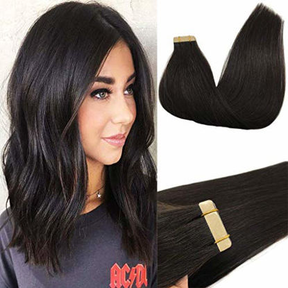 Picture of GOO GOO Tape in Hair Extensions Natural Black Real Virgin Hair Extensions Seamless Straight Human Hair Extensions 20pcs 50g 18inch, Natural black #1b