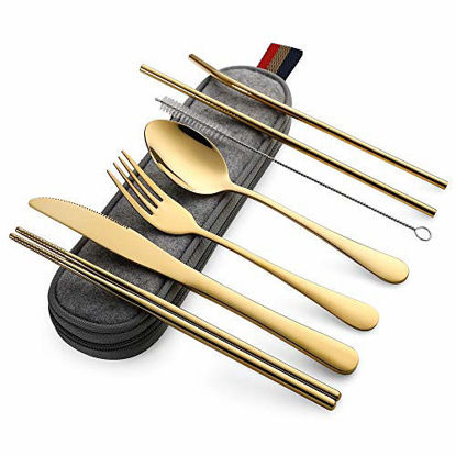 Picture of Devico Portable Utensils, Travel Camping Cutlery Set, 8-Piece including Knife Fork Spoon Chopsticks Cleaning Brush Straws Portable Case, Stainless Steel Flatware set (8-piece Gold)