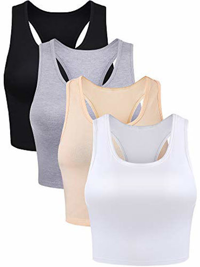 Picture of 4 Pieces Basic Crop Tank Tops Sleeveless Racerback Crop Sport Cotton Top for Women (Black, White, Light Grey, Beige, Large)