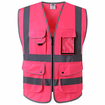 Picture of JKSafety 9 Pockets Class 2 High Visibility Zipper Front Safety Vest With Reflective Strips, Meets ANSI/ISEA Standards (X-Large, Pink)