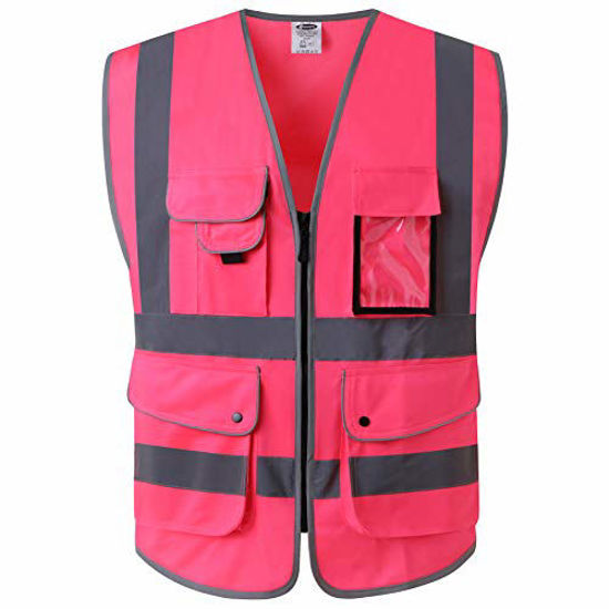 Picture of JKSafety 9 Pockets Class 2 High Visibility Zipper Front Safety Vest With Reflective Strips, Meets ANSI/ISEA Standards (X-Large, Pink)