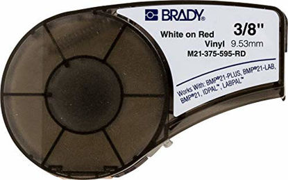 Picture of Brady Authentic (M21-375-595-RD) All-Weather Vinyl Label for Indoor/Outdoor Identification, Laboratory and Equipment Labeling, White on Red material - Designed for BMP21-PLUS and BMP21-LAB Label Printers, .375" Width, 21' Length