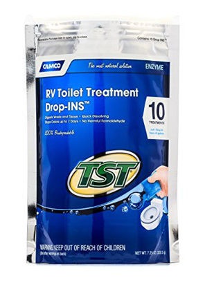 Picture of Camco TST Clean Scent RV Toilet Treatment Drop-Ins, Formaldehyde Free, Breaks Down Waste And Tissue, Septic Tank Safe, Treats up to 10 - 40 Gallon Holding Tanks (10-Pack) , TST Blue - 41529