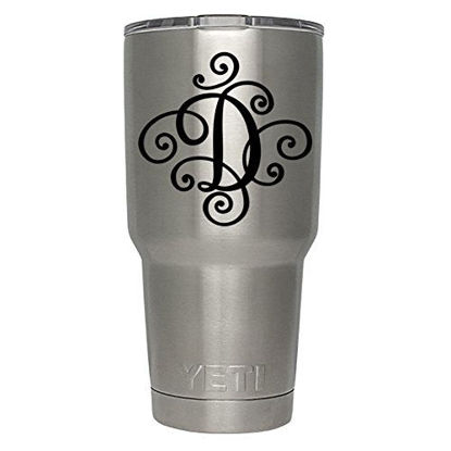 Picture of ViaVinyl Monogram die cut decal/sticker. CLICK FOR COLOR/LETTER OPTIONS. AVAILABLE IN FOUR COLORS AND ALL LETTERS A-Z! Great for windows, Yeti and RTIC tumblers, Macbooks and more! (Letter"D", Black)