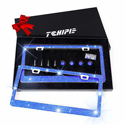 Picture of Tchipie 2 Pack Bling Rhinestone License Plate Frames for Women Girl, Bedazzled Sparkly Cute Diamond Car License Plate Frame, Glitter Crystal Tag Frame with Wonderful Box, Stainless Steel Frame(Blue)