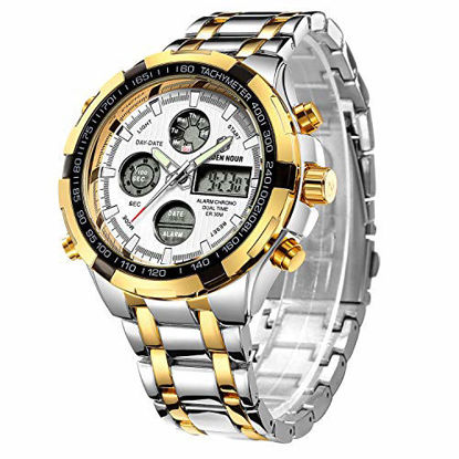 Picture of GOLDEN HOUR Luxury Stainless Steel Analog Digital Watches for Men Male Outdoor Sport Waterproof Big Heavy Wristwatch (Silver Gold White)