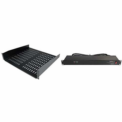 Picture of StarTech.com 1x 2U Vented Rack Mount Shelf - 16in Deep - 50lbs Capacity (CABSHELFV) Bundle with 1x 1U Rackmount PDU Power Strip with 8 Outlets (RKPW081915)