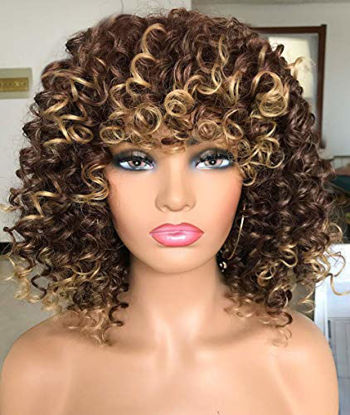 Picture of PRETTIEST Afro curly Wig Ombre Blonde Wig with Bangs for Black Women Natural Looking for Daily Wear (Color: 33/27)