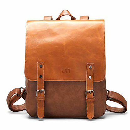 Picture of LXY Vegan Leather Backpack Vintage Laptop Bookbag for Women Men, Brown Faux Leather Backpack Purse College School Bookbag Weekend Travel Daypack