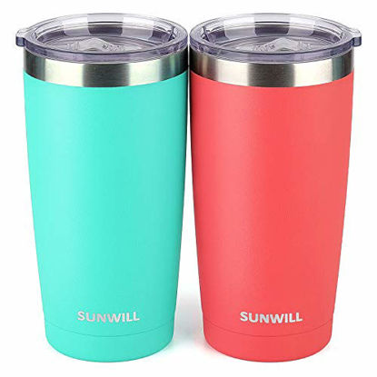 Picture of SUNWILL 20oz Tumbler with Lid (Teal & Coral 2 pack), Stainless Steel Vacuum Insulated Double Wall Travel Tumbler, Durable Insulated Coffee Mug, Thermal Cup with Splash Proof Sliding Lid