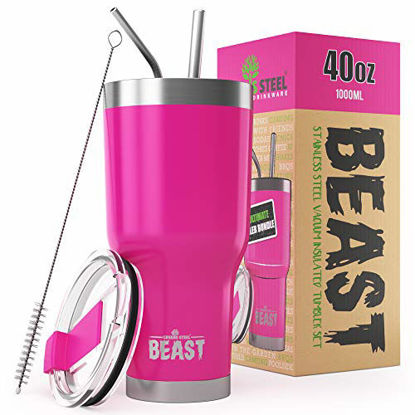 Picture of BEAST 40oz Pink Tumbler - Insulated Stainless Steel Coffee Cup with Lid, 2 Straws, Brush & Gift Box by Greens Steel