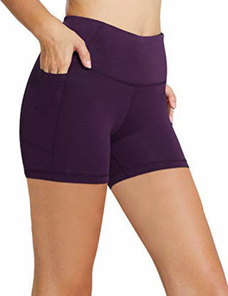 Picture of BALEAF Women's 5" High Waist Workout Yoga Running Compression Exercise Volleyball Shorts Side Pockets Purple S