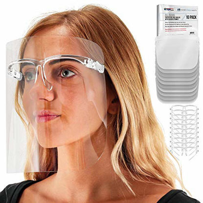 Picture of TCP Global Salon World Safety Face Shields with All Clear Glasses Frames (Pack of 10) - Ultra Clear Protective Full Face Shields to Protect Eyes, Nose, Mouth - Anti-Fog PET Plastic, Goggles