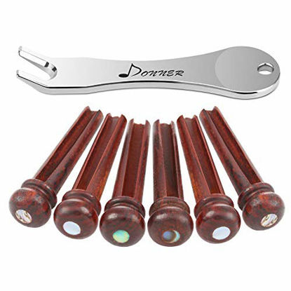 Picture of Donner Acoustic Guitar Bridge Pins, 6 PCS Wooden Guitar Bridge Pins Inlaid 3mm Abalone Dot with Guitar Pins Puller and Sandpaper (Brown Cocobolo)