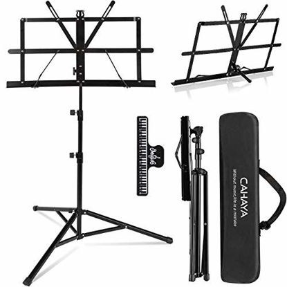 Picture of CAHAYA 2 in 1 Dual Use Folding Sheet Music Stand & Desktop Book Stand Lightweight Portable Adjustable with Carrying Bag, Metal Music Sheet Stand with Music Sheet Clip Holder