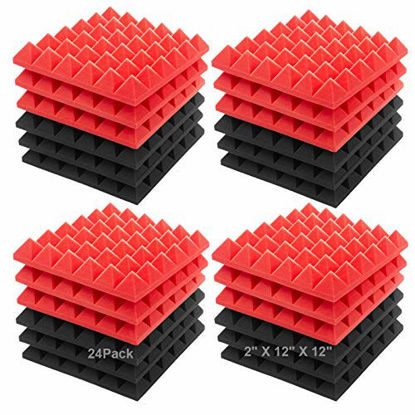 Picture of JBER Acoustic Sound Foam Panels, 24 Pack 2" X 12" X 12" Red and Black Soundproofing Treatment Studio Wall Padding Sound Absorbing Fireproof P