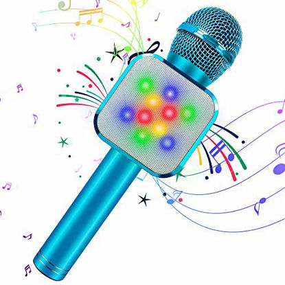 Picture of KIDWILL Wireless Bluetooth Karaoke Microphone 5 in 1 Handheld Karaoke Microphone with LED Lights, Portable Microphone for Kids Adults Birthday Party KTV Christmas (Blue)