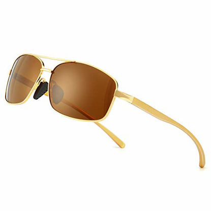 Picture of SUNGAIT Ultra Lightweight Rectangular Polarized Sunglasses UV400 Protection (Gold Frame Brown Lens, 62) Metal Frame 2458 JKC