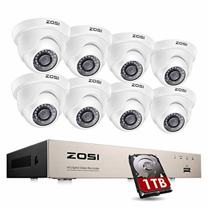 Picture of ZOSI 8CH 1080P Security Camera System with Hard Drive 1TB,H.265+ 8 Channel 5MP Lite HD-TVI DVR Recorder and 8pcs 1920TVL Weatherproof CCTV Dome Cameras Indoor Outdoor, 80ft Night Vision,Remote Access
