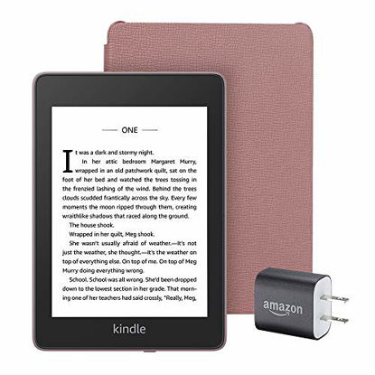 Picture of Kindle Paperwhite Essentials Bundle including Kindle Paperwhite - Wifi, Ad-Supported, Amazon Leather Cover, and Power Adapter