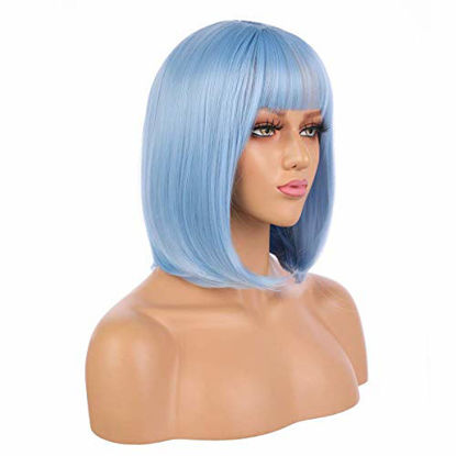 Picture of eNilecor Straight Short Bob Wigs 14" with Flat Bangs Cosplay Hair Wig for Women Natural As Real Hair (Light Blue)
