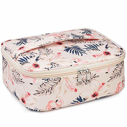 Picture of Travel Makeup Bag Large Cosmetic Bag Make up Case Organizer for Women and Girls (Beige Flamingo)