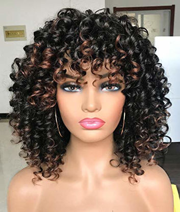 Picture of PRETTIEST Afro curly Wigs Black with Warm Brown Highlights Wigs with Bangs for Black Women Natural Looking for Daily Wear (Color: T1B/30)