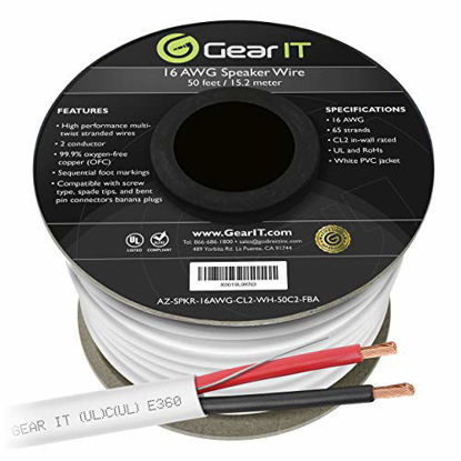 Picture of 16 AWG CL2 OFC in Wall Speaker Wire, GearIT Pro Series 16 AWG Gauge (50 Feet / 15.24 Meters/White) OFC Oxygen Free Copper UL CL2 Rated in-Wall Speaker Wire Cable for Home Theater and Car Audio