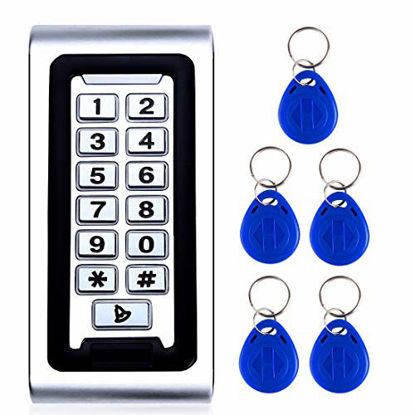 Picture of AMOCAM Door Access Control System Stand-Alone Password Keypad + 5PCS Proximity RFID 125Khz Key Fobs Keychains, Support 2000 Users ID Card Reader, Waterproof, Backlight, Zinc Alloy Metal Case