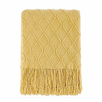 Picture of Bourina Textured Solid Soft Sofa Throw Couch Cover Knitted Decorative Blanket, Mustard, 60"x80"