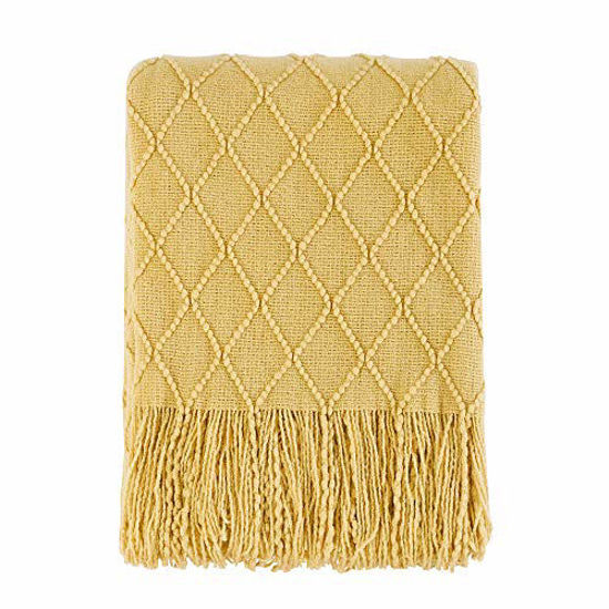 Picture of Bourina Textured Solid Soft Sofa Throw Couch Cover Knitted Decorative Blanket, Mustard, 60"x80"