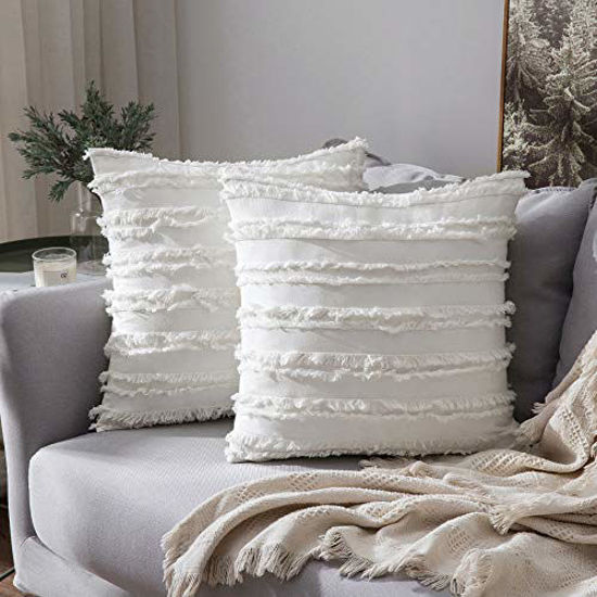 Picture of MIULEE Set of 2 Decorative Boho Throw Pillow Covers Cotton Linen Striped Jacquard Pattern Cushion Covers for Sofa Couch Living Room Bedroom 18x18 Inch Ivory White
