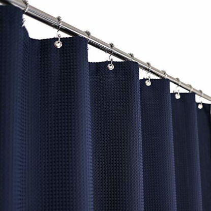 Picture of Stall Shower Curtain Fabric 36 x 72 Inch, Waffle Weave, Hotel Luxury Spa, 230 GSM Heavy Duty, Water Repellent, Navy Pique Pattern Decorative Bathroom Curtain