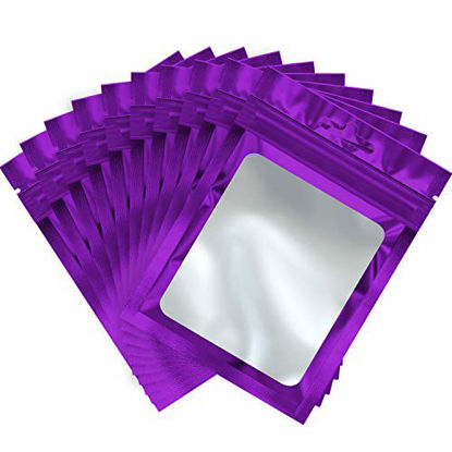 Picture of 100 Pieces Resealable Mylar Ziplock Food Storage Bags with Clear Window Coffee Beans Packaging Pouch for Food Self Sealing Storage Supplies (Purple, 5.1 x 8.3 Inch)