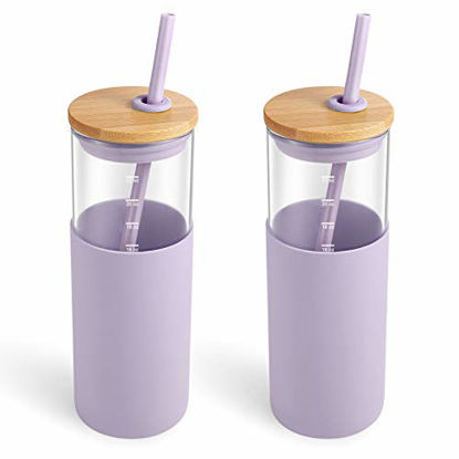 Picture of Tronco 24oz Glass Tumbler Glass Water Bottle Straw Silicone Protective Sleeve Bamboo Lid - BPA Free
